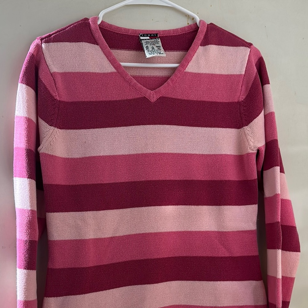 L.L. Bean Pink V-Neck Sweater with Bold Stripes